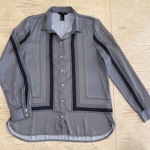 H&M Geometric Retro Button Down Shirt Long Sleeve Work Blouse Women 8 Gray Black